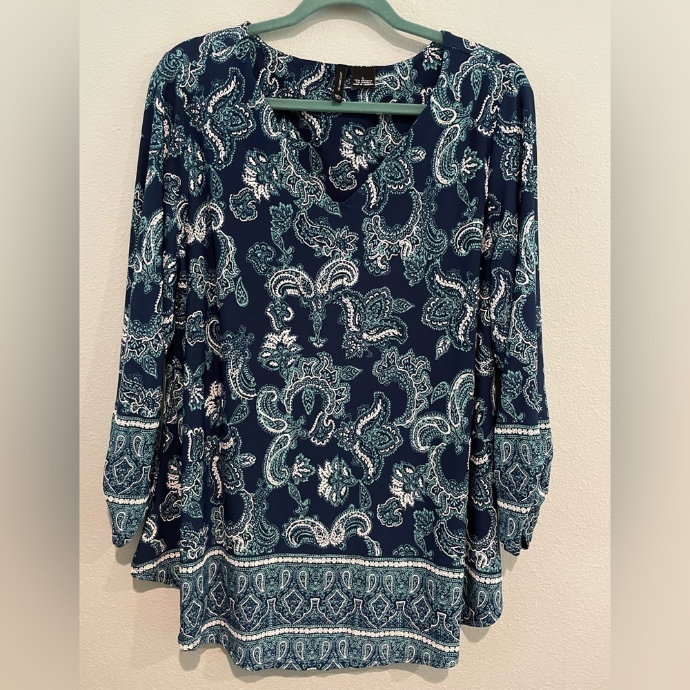 New Directions navy/white/turquoise paisley long sleeve blouse Size L